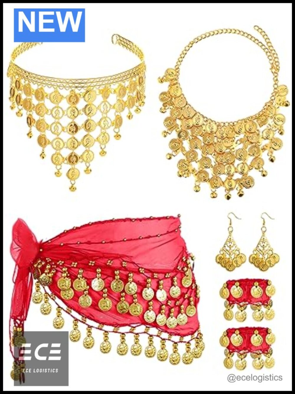 Belly Dancer Costume Set Head Chain Necklace Hip Scarf Earrings Bracelets